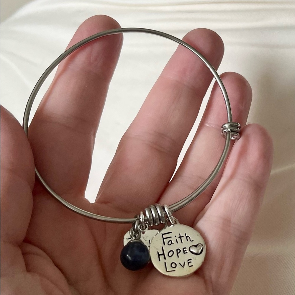 Bangle silver tone with religious charms 7 1/2